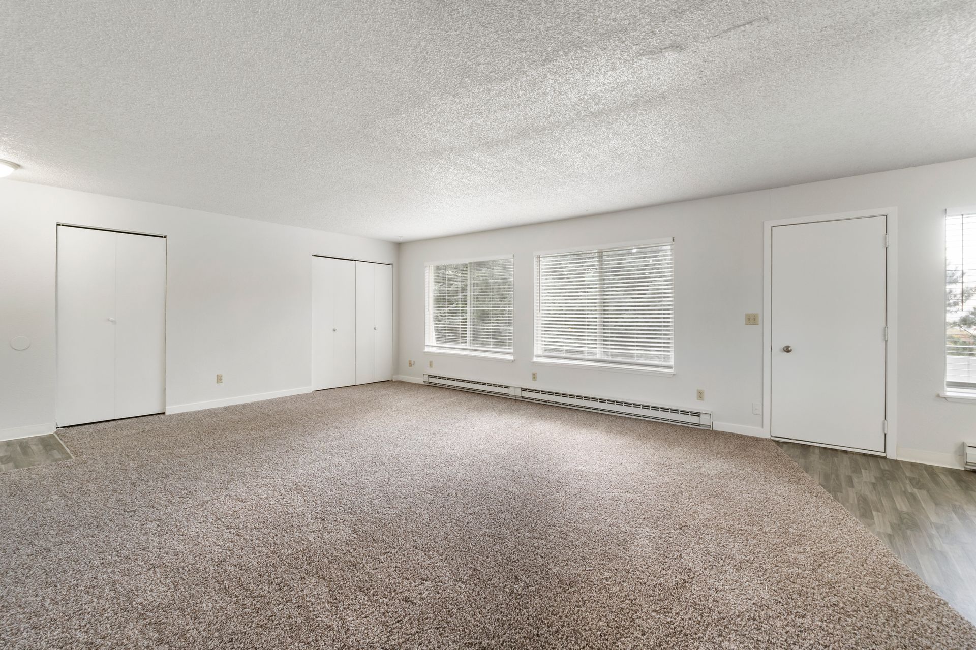 An empty living room with a carpeted floor and white walls.