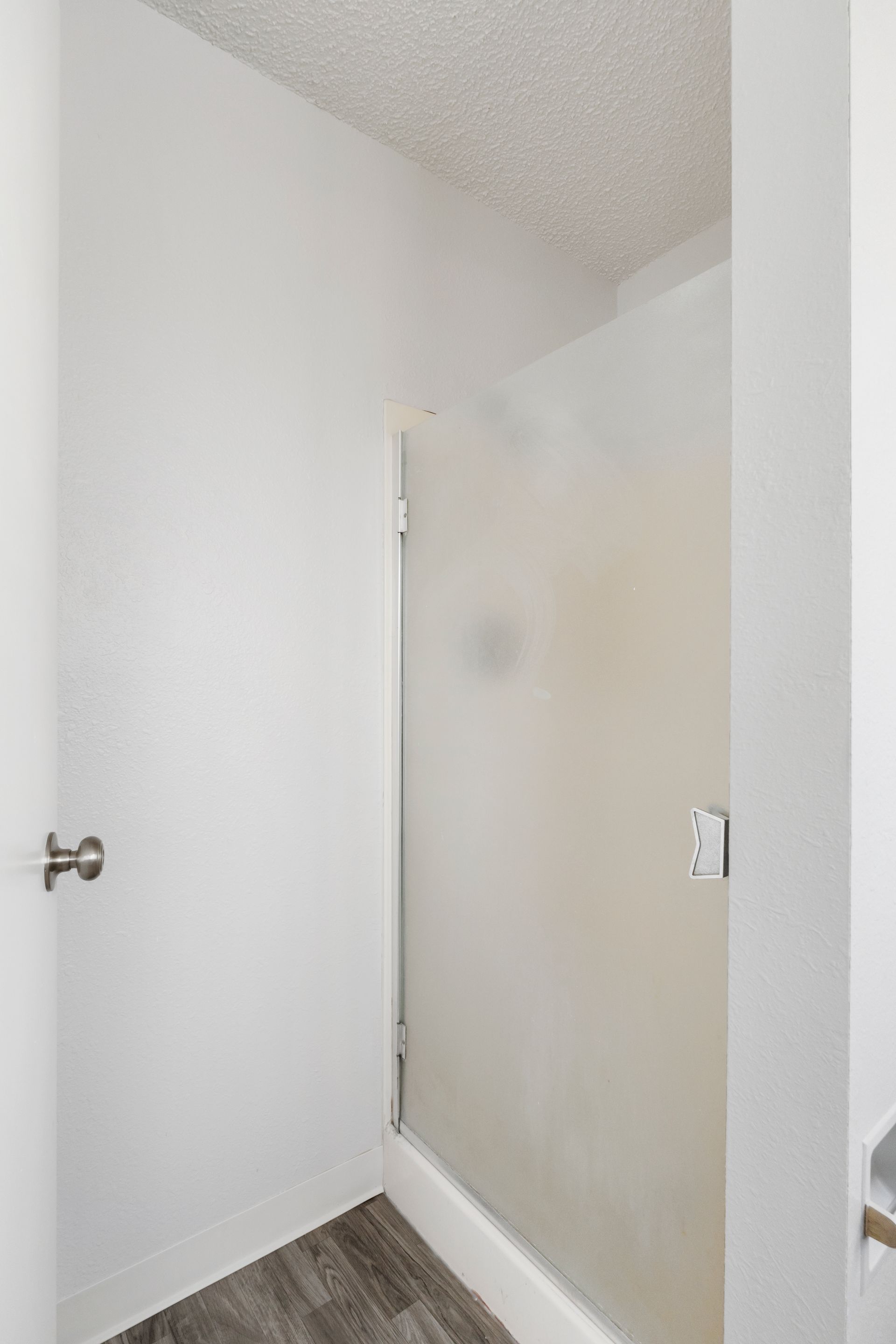 A bathroom with a walk in shower with a frosted glass door.