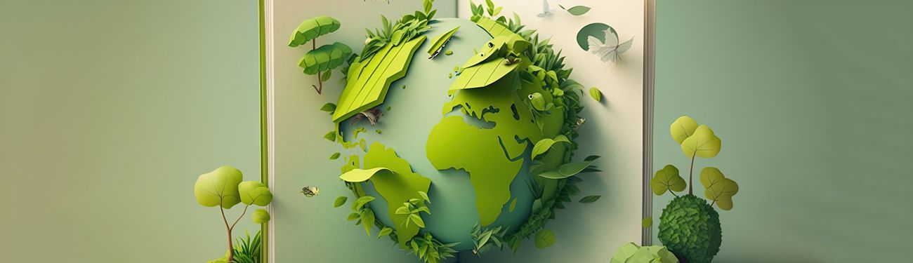 A picture of a globe made of leaves and trees.