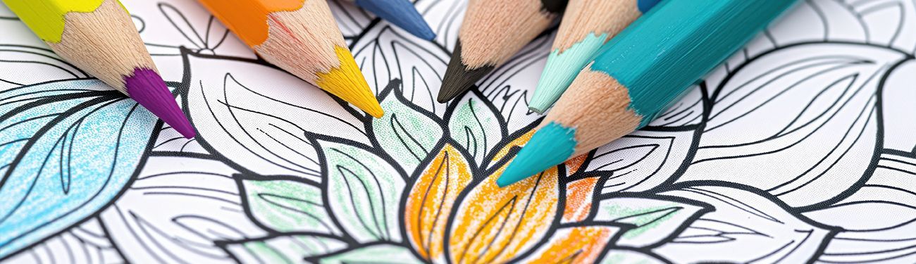 A bunch of colored pencils are sitting on top of a coloring page.