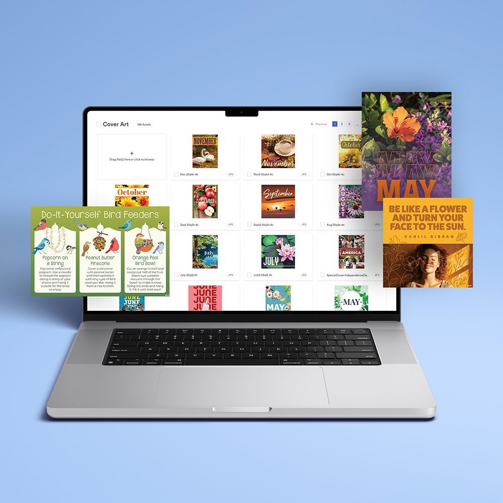 Tablet displaying graphics with additional images like newsletter covers and infographics layered in