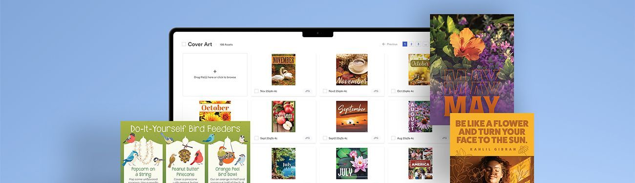 Tablet displaying graphics with additional images like newsletter covers and infographics layered in front. Blue background.