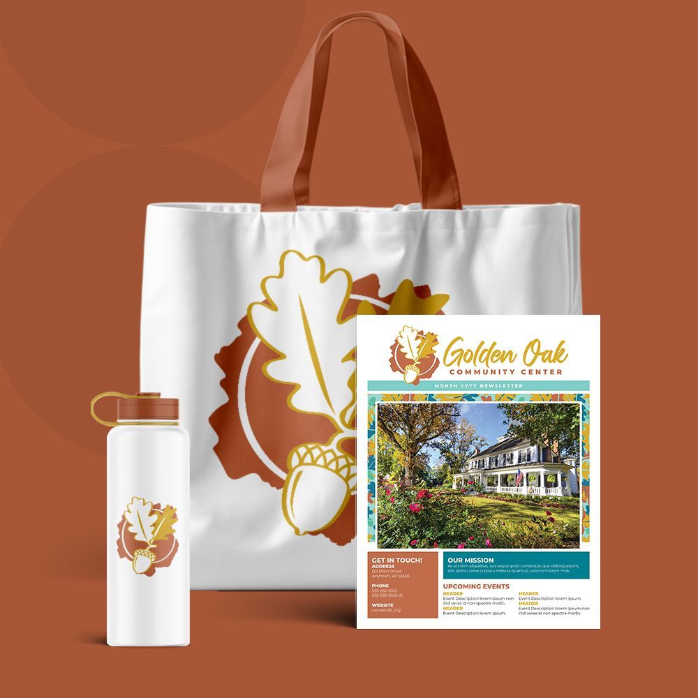 Branding guide featuring tote bag, tumbler, and brochure with Golden Oak logo against a brown backdrop.