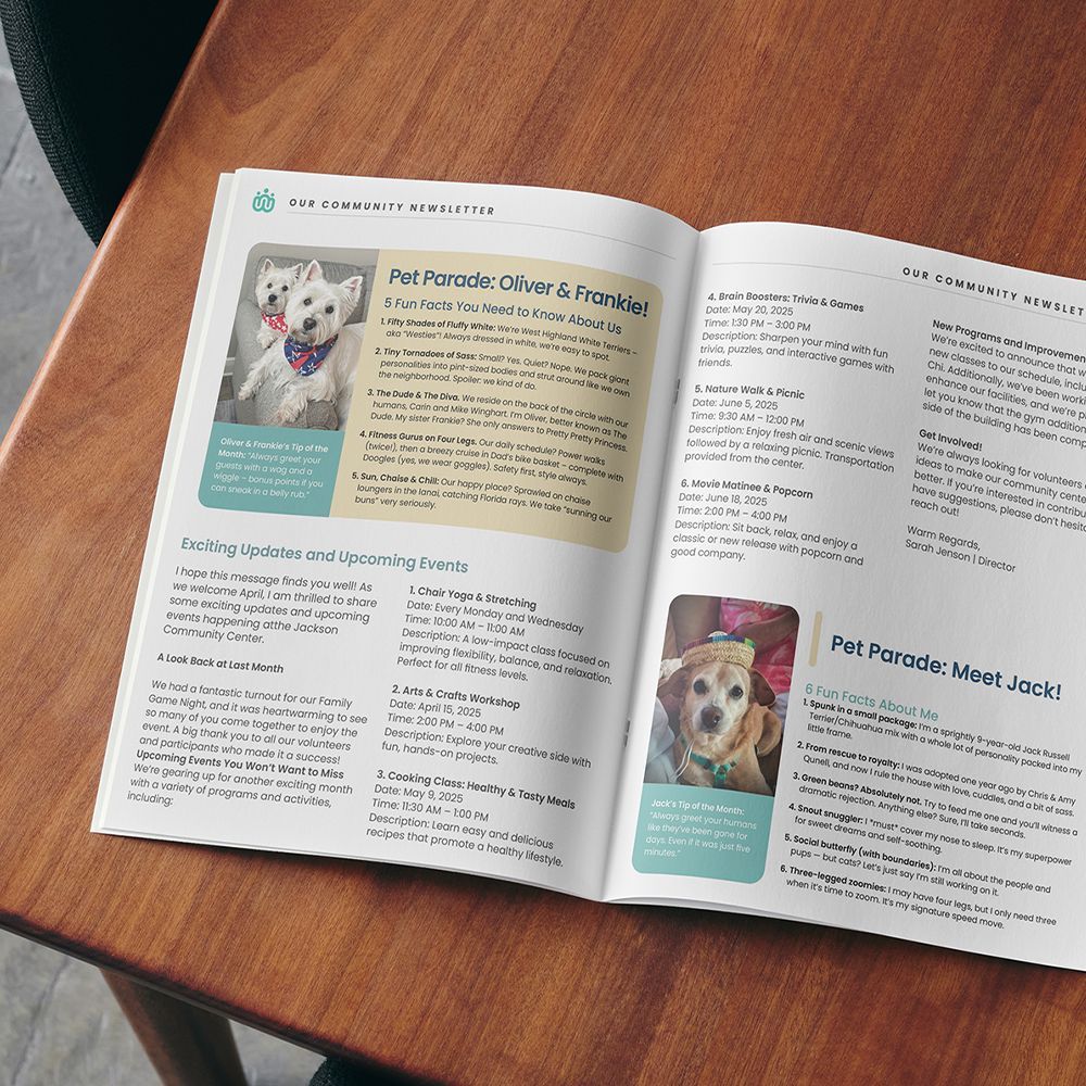 Open magazine on a wooden table. Features articles with photos of dogs, recipes, and text about pets.