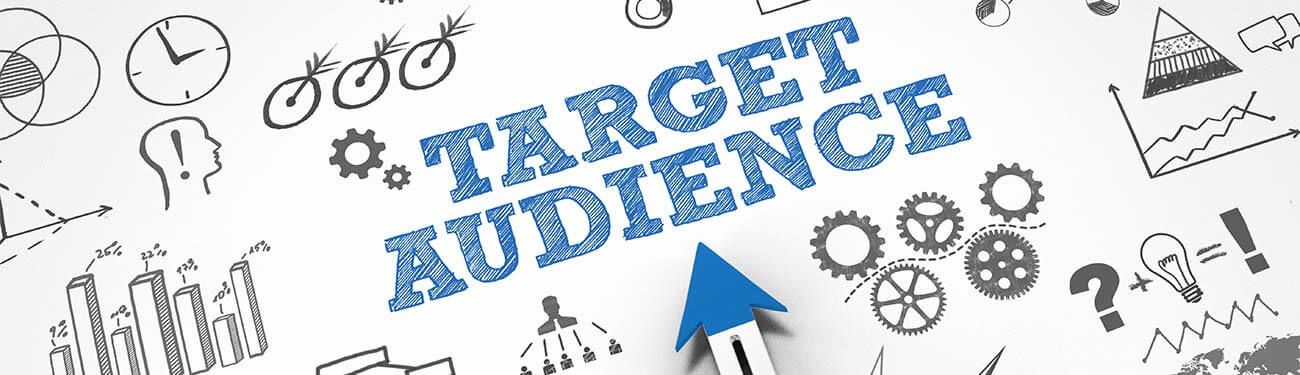 A blue arrow pointing up with the words target audience written on it.