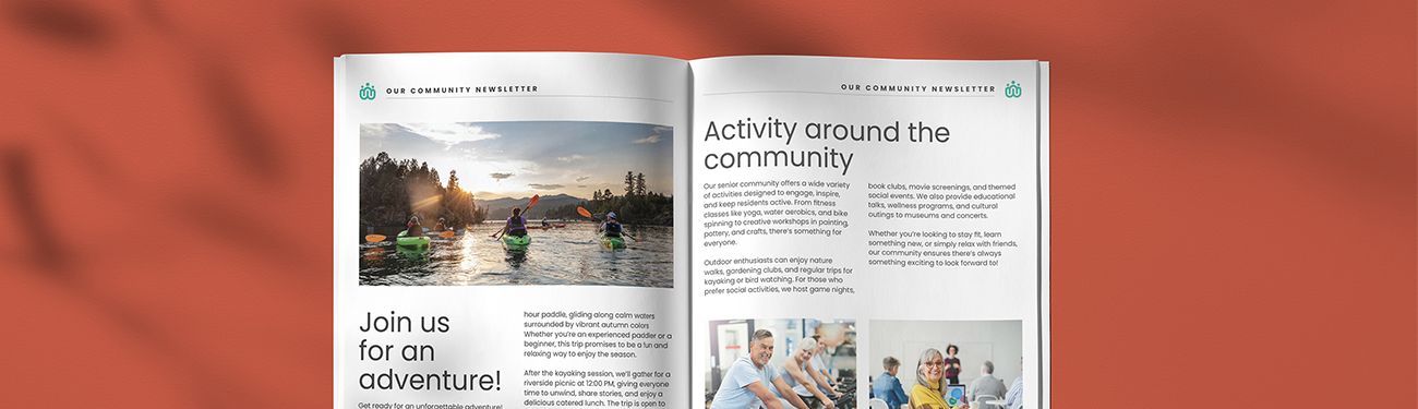 A magazine is open to a page with a picture of a group of people.