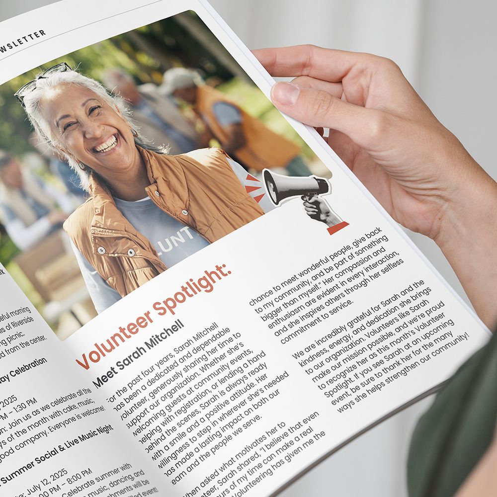 Newsletter featuring a volunteer page