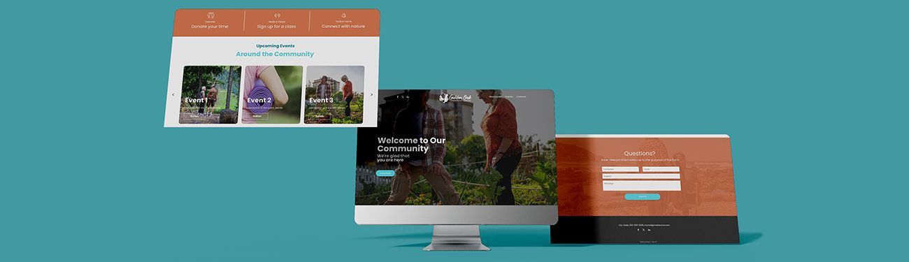 A computer monitor is displaying a website on a blue background.