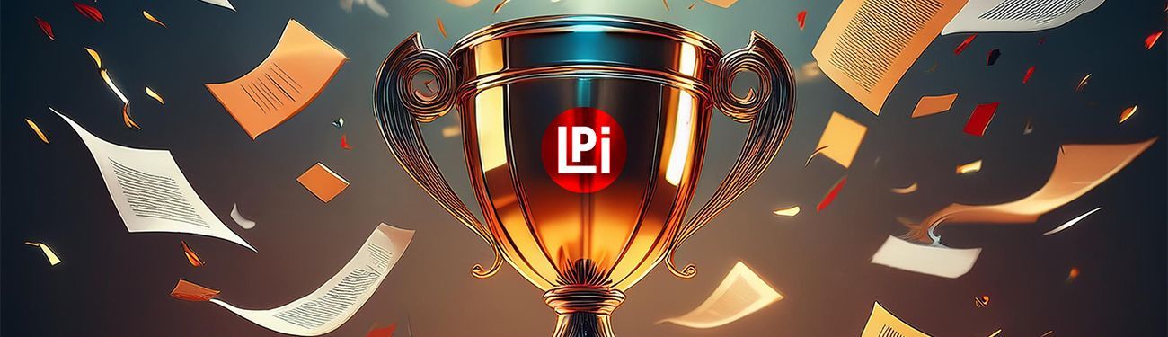 A trophy with the letter p on it is surrounded by papers and confetti.