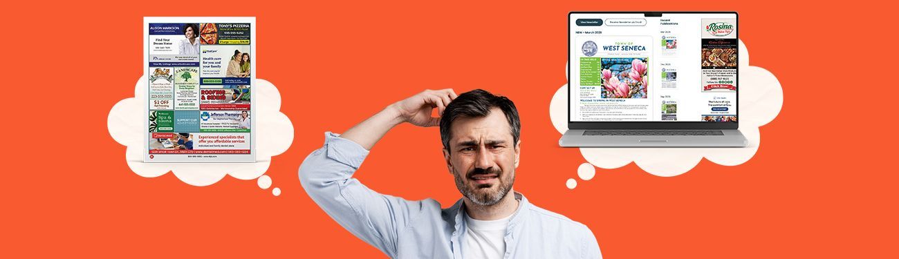 A confused person stands between thought bubbles showing a printed flyer and a laptop screen displaying a website.