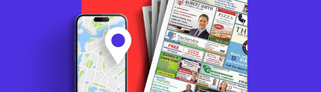 A smartphone with a location pin on a map screen sits next to a stack of newspapers against a red and blue background.