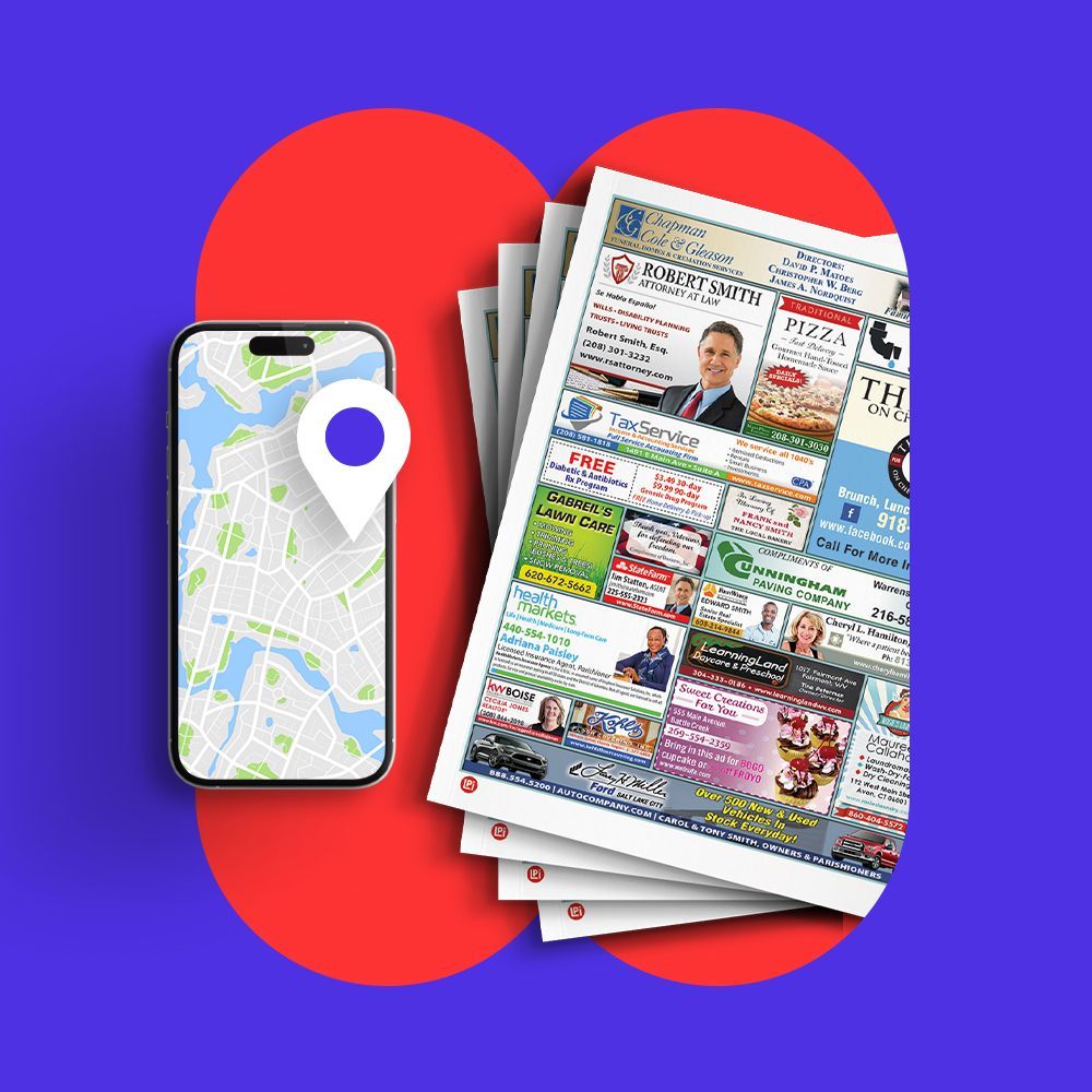 A smartphone displaying a map with a location pin next to a stack of colorful print advertisements on a blue background.