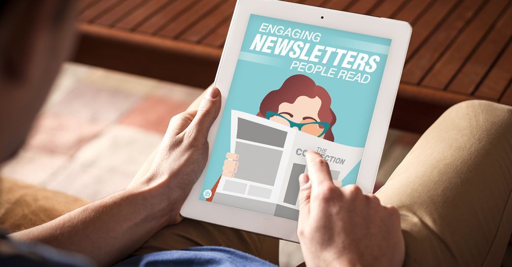 A person is reading a newsletter on a tablet.