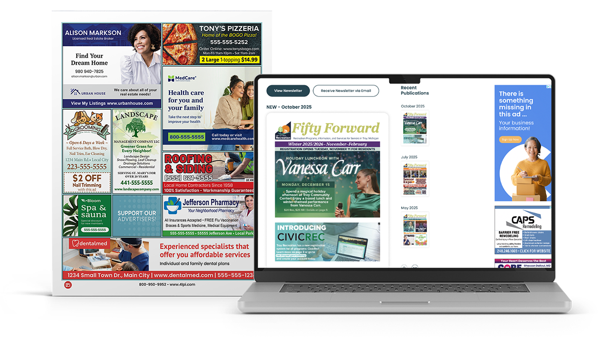 A laptop computer is open to a website next to a newsletter.