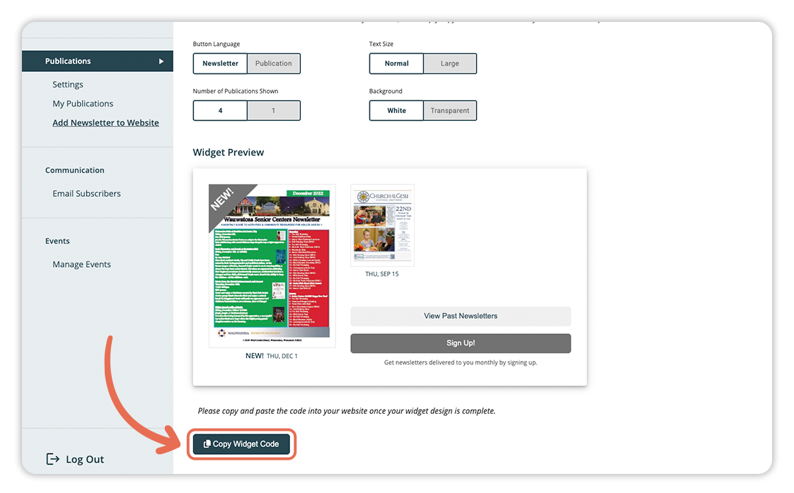 A screenshot of a website with a red arrow pointing to a button.