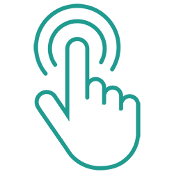 A line drawing of a hand pressing a button.