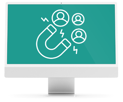 A computer monitor with an icon of a magnet attracting people.