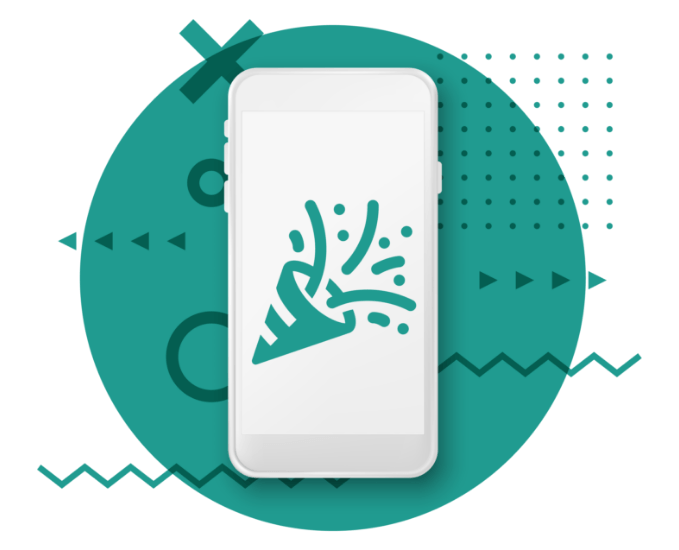 A cell phone with a party cone on the screen.