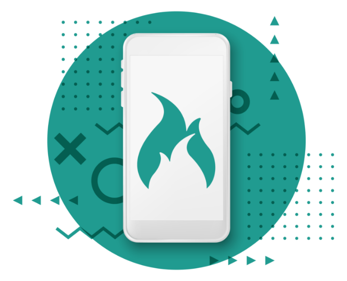 A cell phone with a fire icon on the screen.