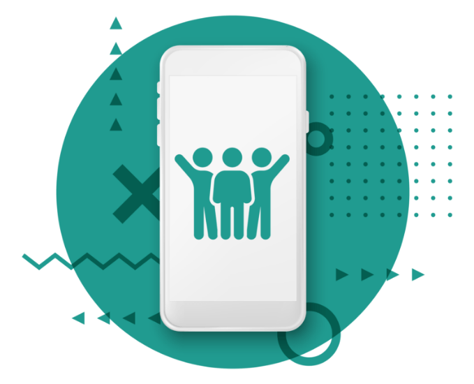 A cell phone with a group of people on the screen.