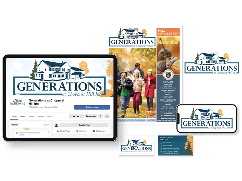 A logo of a blue inn on a tablet, newsletter, business cards, and cellphone for Generations