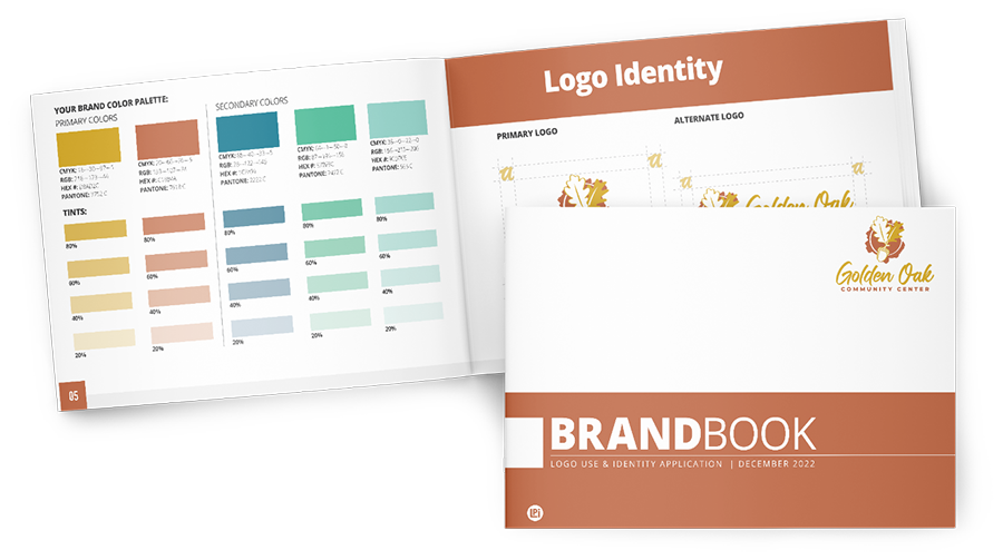 A brandbook is open to a page that says logo identity.