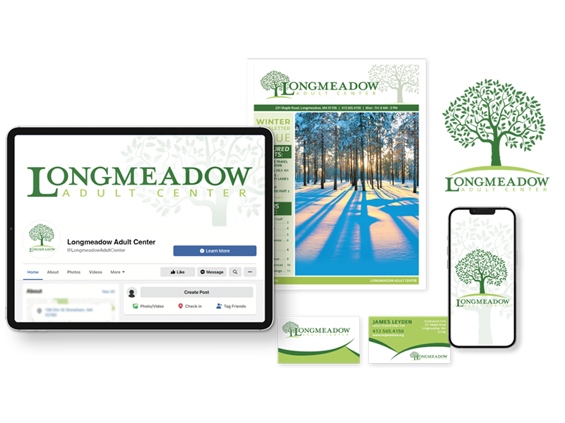 A logo of a green tree on a tablet, newsletter, business cards, and cellphone for Longmeadow
