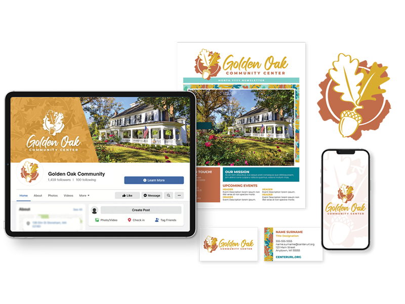 A logo of an acorn with leaves on a tablet, newsletter, business cards, and cellphone for Golden Oak