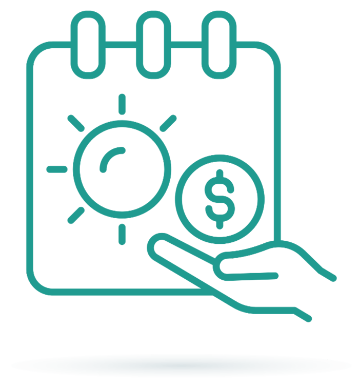 A hand is holding a dollar coin in front of a calendar.