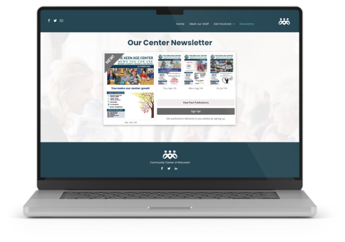 A laptop is open to a page that says our center newsletter.