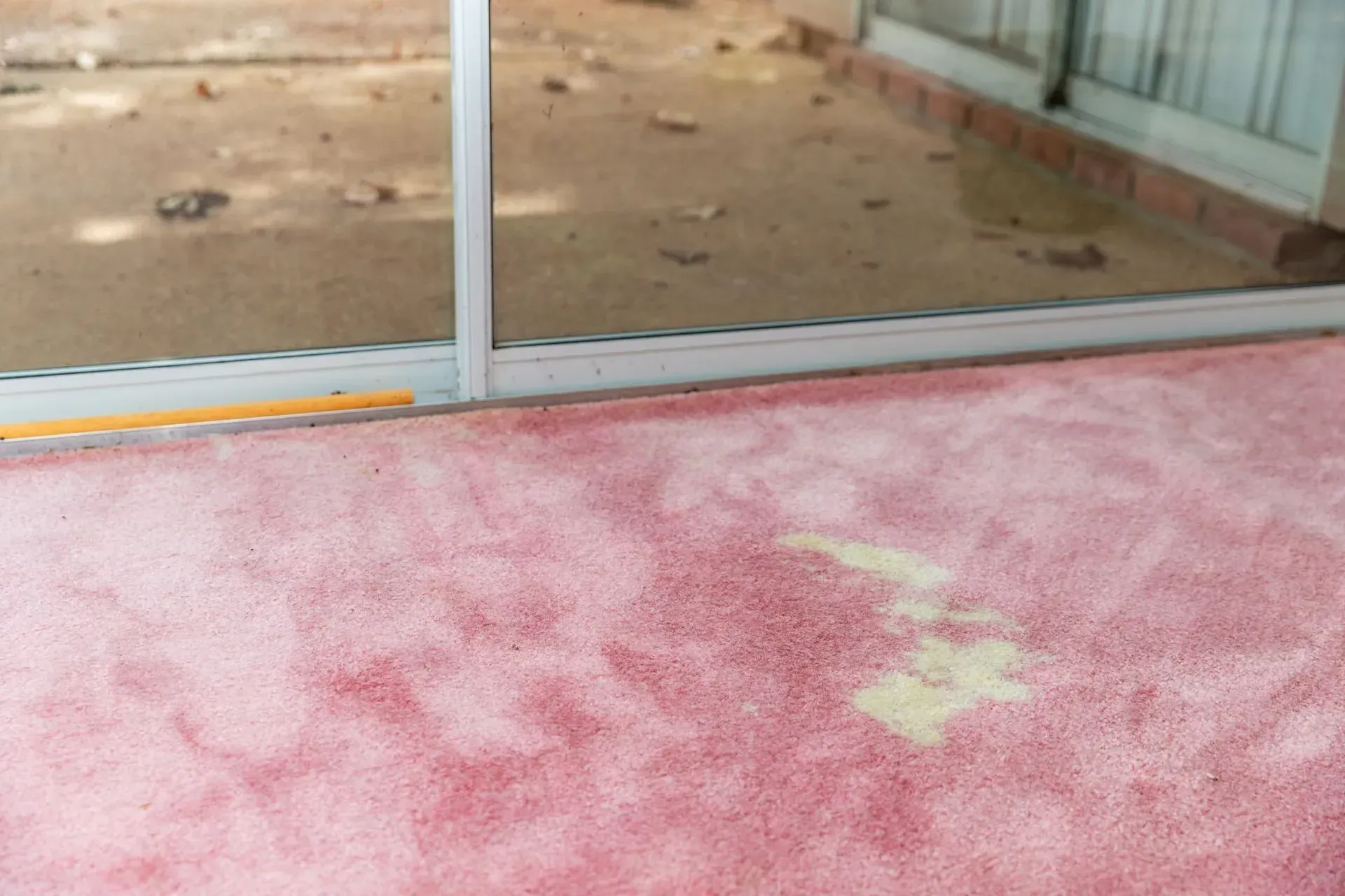 Pink carpet with yellow stains near a sliding glass door.