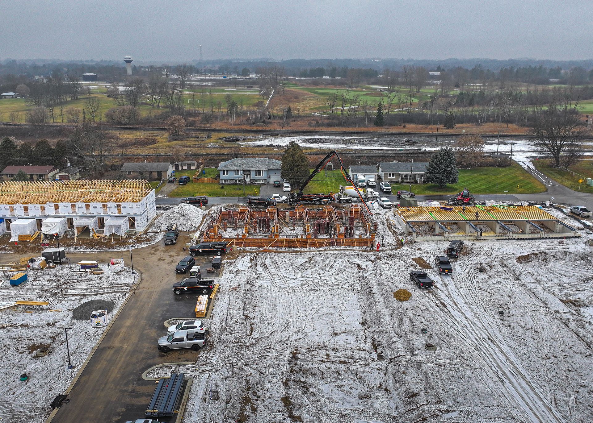 an aerial view of a construction site with a large circle in the middle .