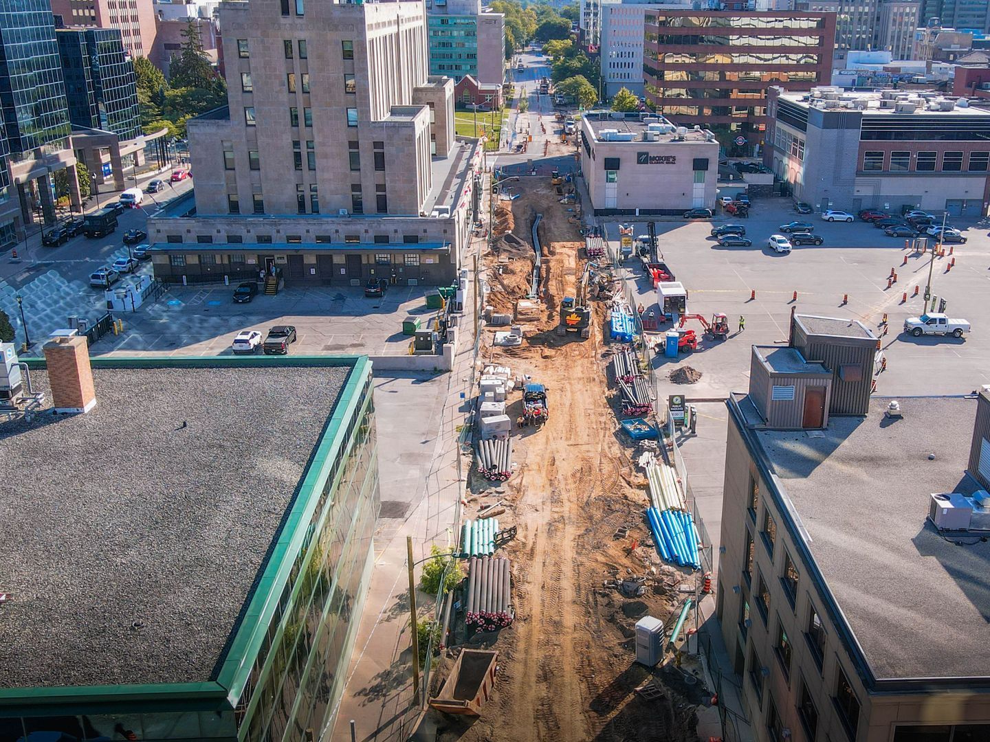 An aerial view of a construction site in a city.