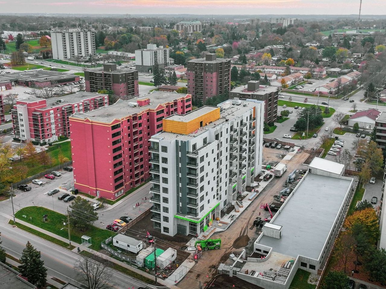 An aerial view of a city with a lot of buildings.