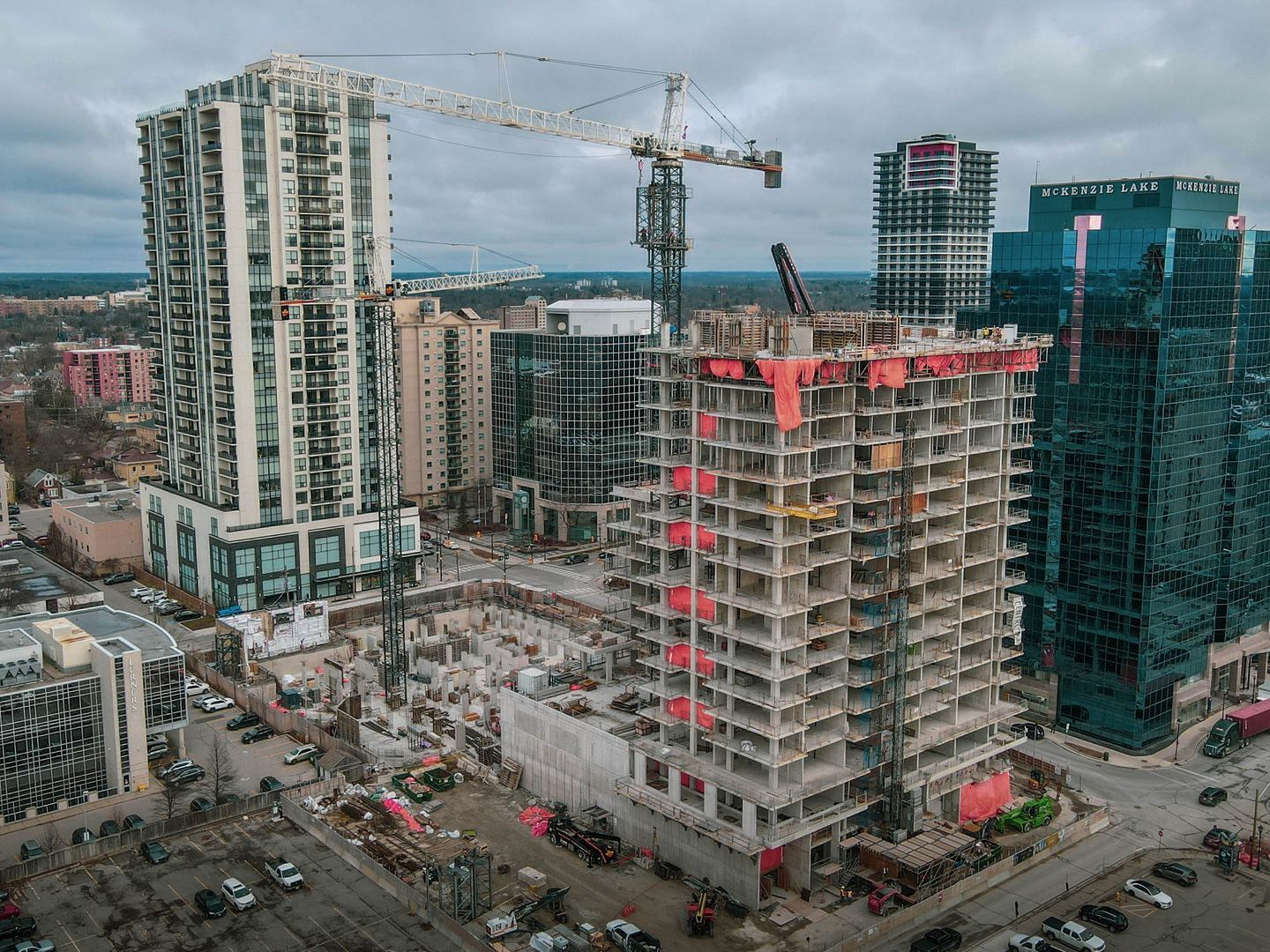 an aerial view of a building under construction in a city .