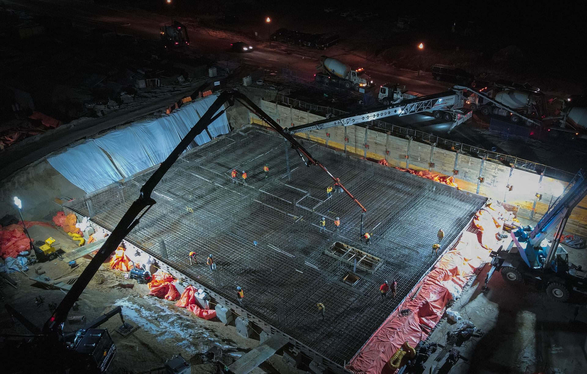 an aerial view of a construction site at night .