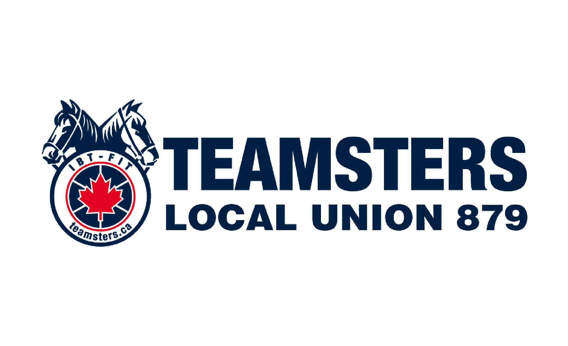 The teamsters local union 879 logo has two horses and a maple leaf on it.