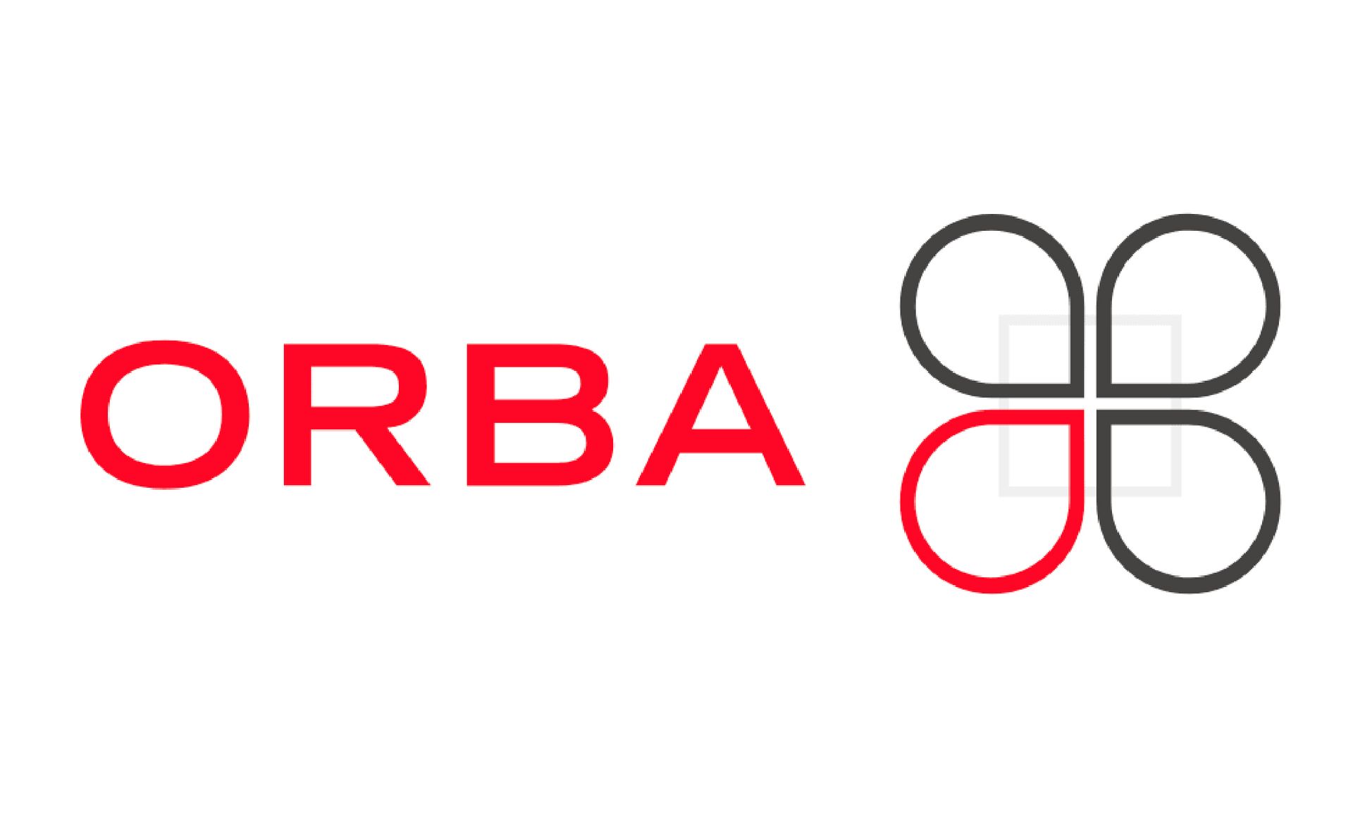 the orba logo is red and black and has a butterfly on it .