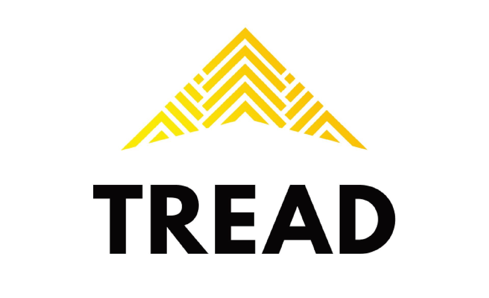a yellow and black logo with the word tread on a white background .