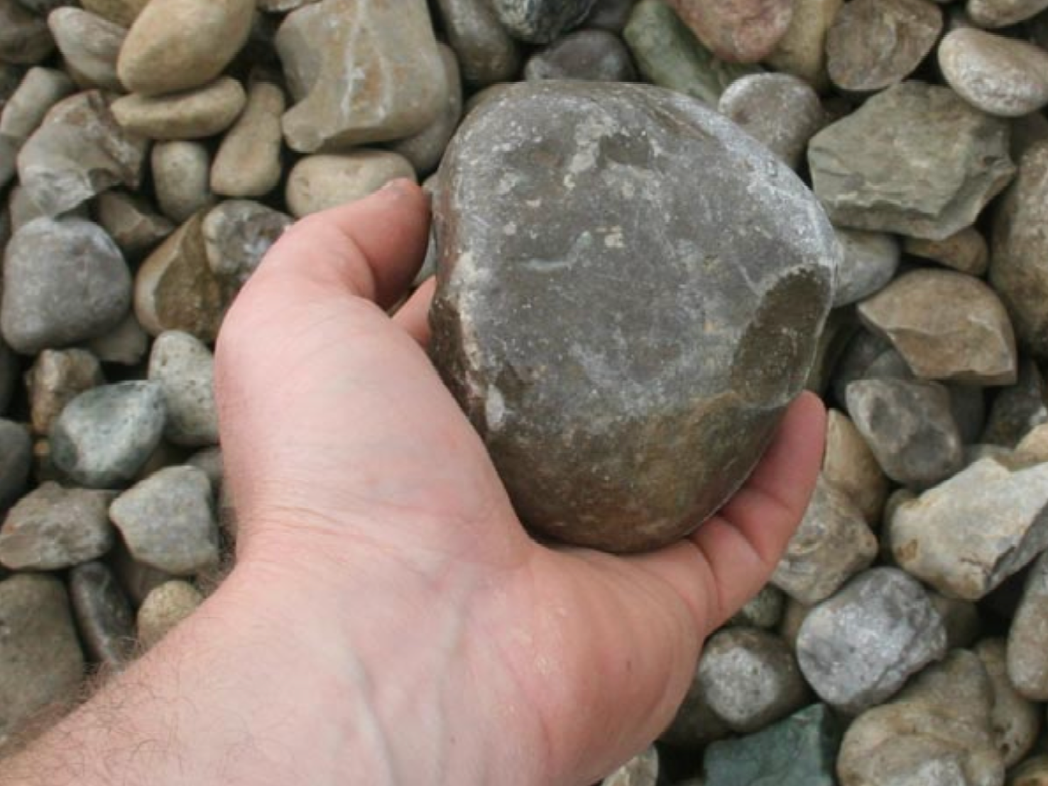 a person is holding a large rock in their hand in front of a pile of rocks .