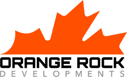 a logo for orange rock developments with an orange maple leaf