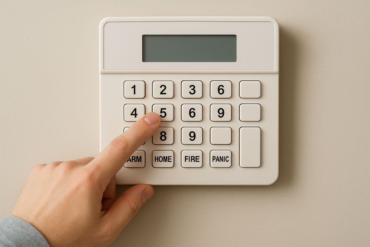Hand pressing button 5 on a white security system keypad mounted on a beige wall.