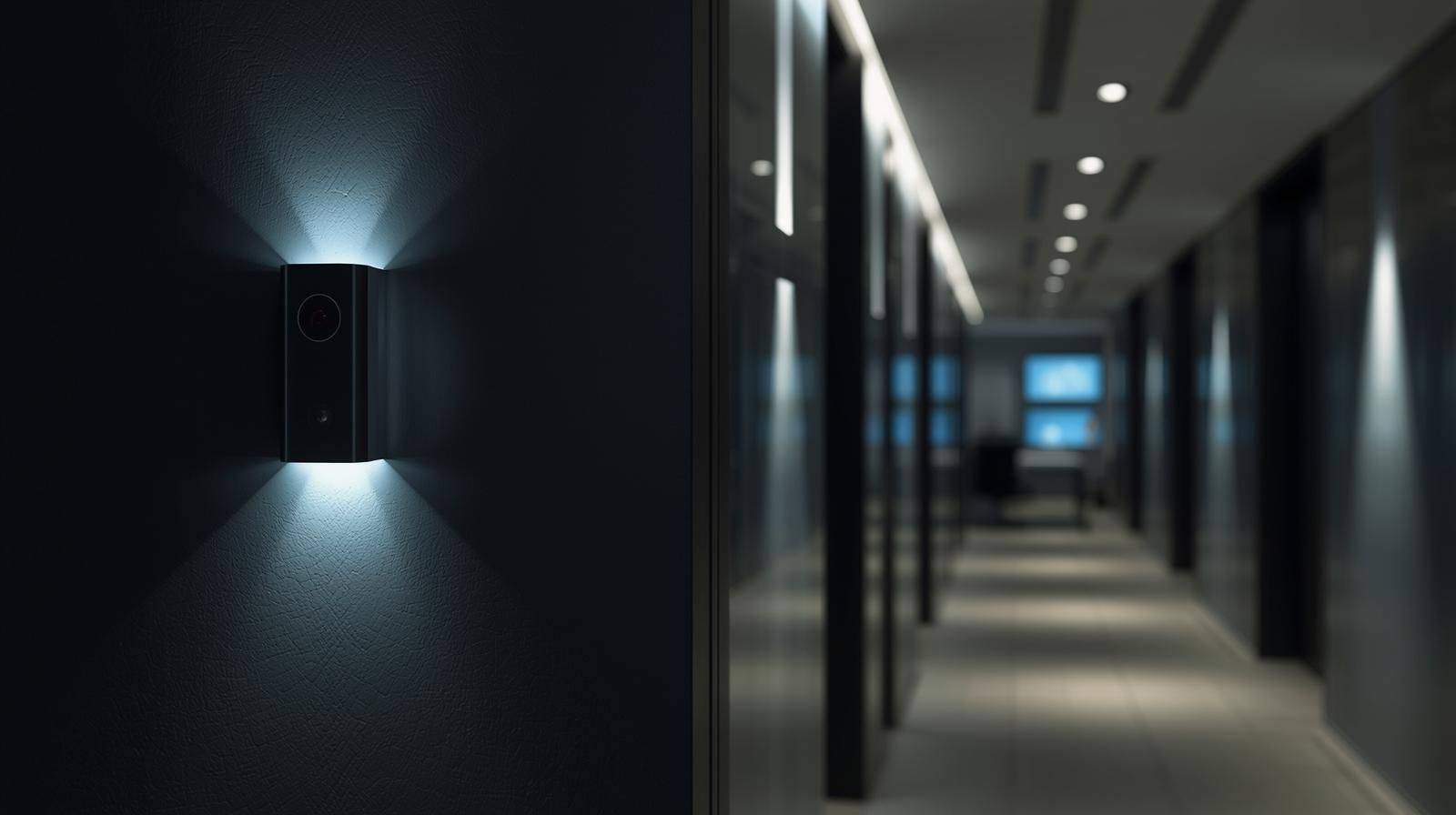 Black wall sconce emitting bright light, illuminating a dark hallway with recessed lights and dark walls.