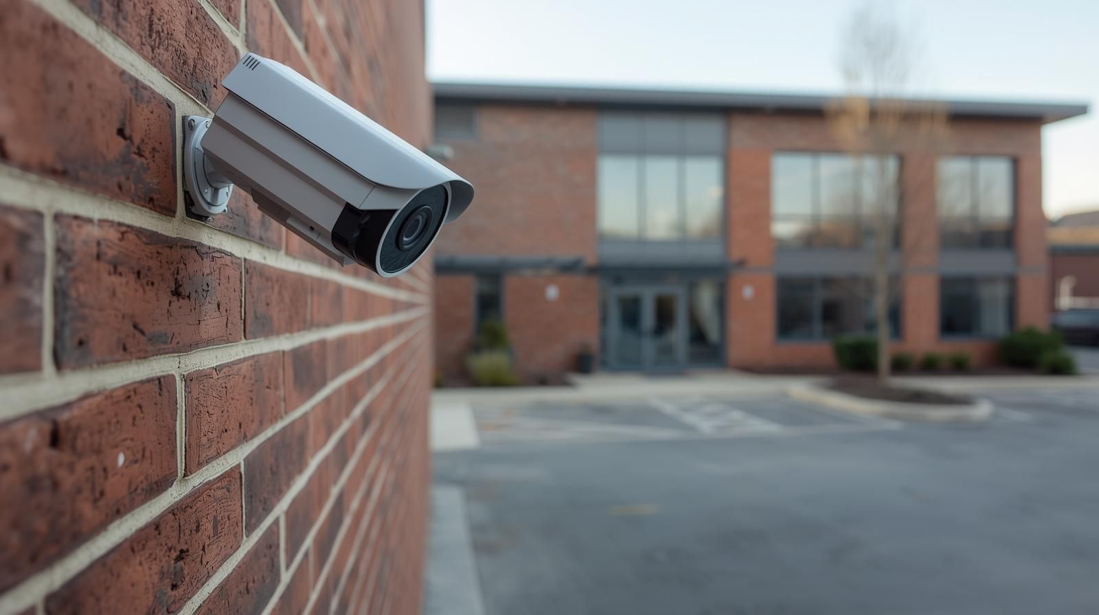 Security camera mounted on a brick wall, overlooking a building and parking lot.