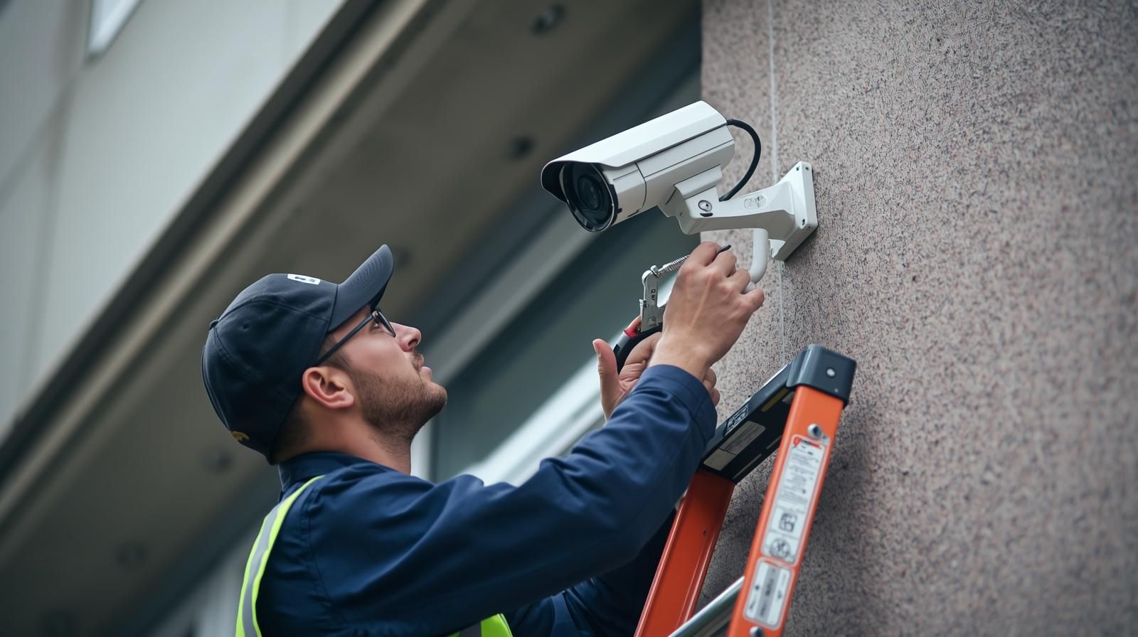 Man on ladder installing a security camera on a building exterior.