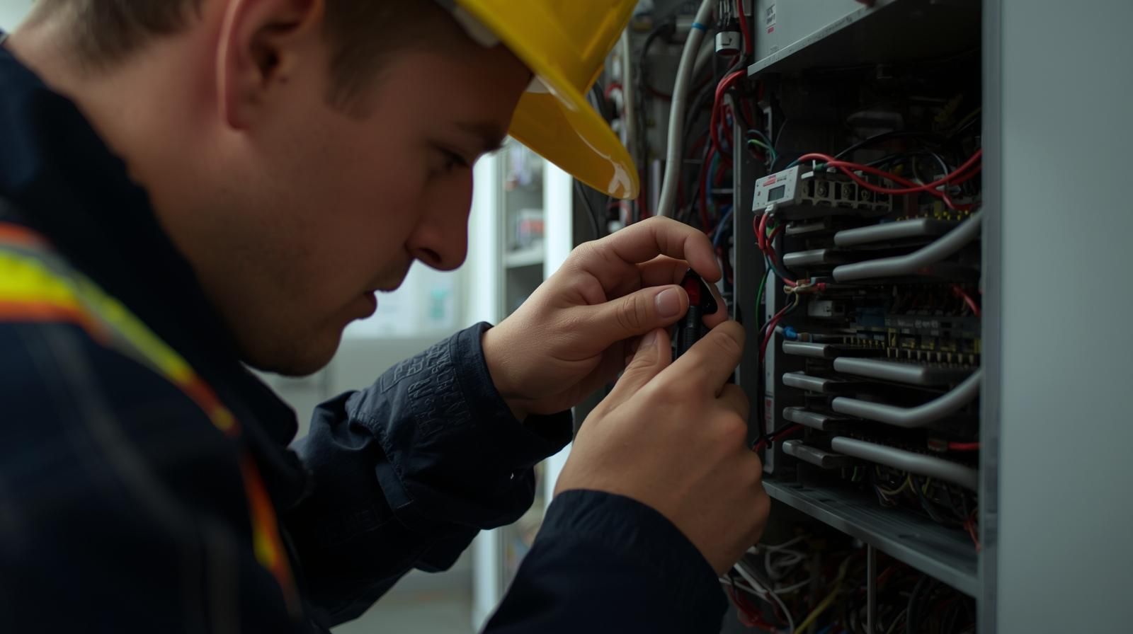 Electrician in a yellow hard hat working on an electrical panel.