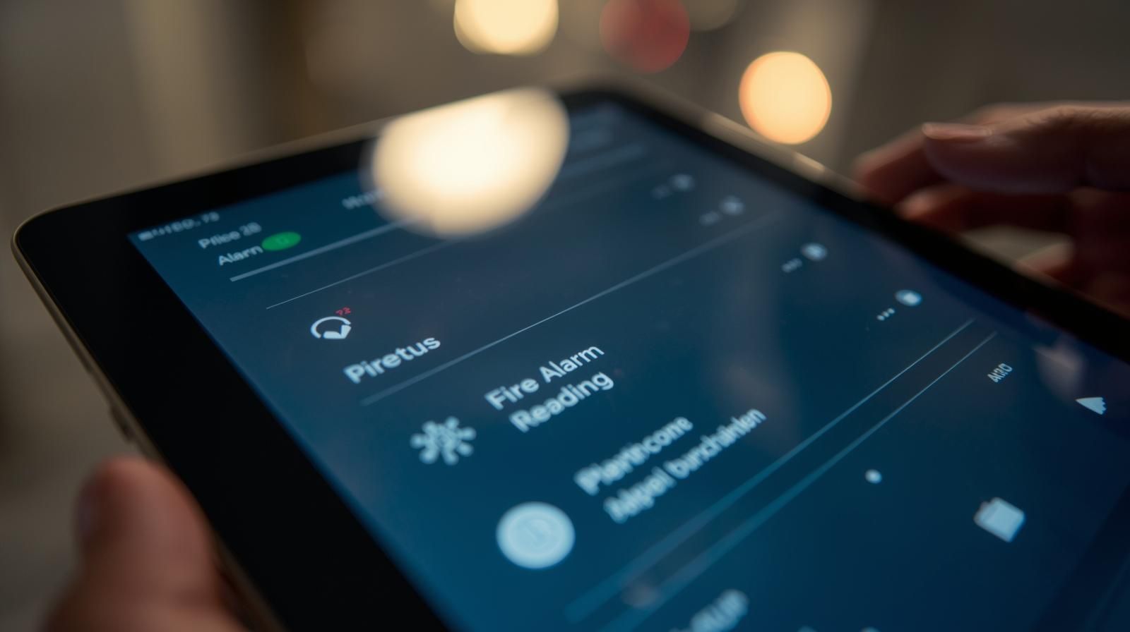 Close-up of a tablet screen displaying fire alarm information.