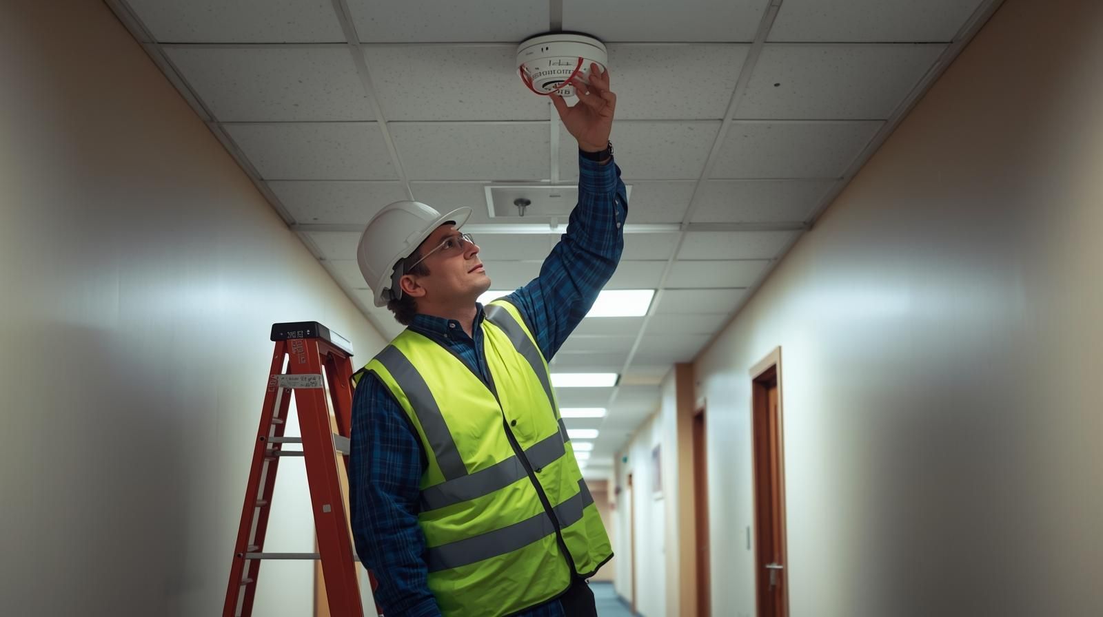 Man in hard hat and safety vest, testing a ceiling-mounted smoke detector in a hallway, near a ladder.
