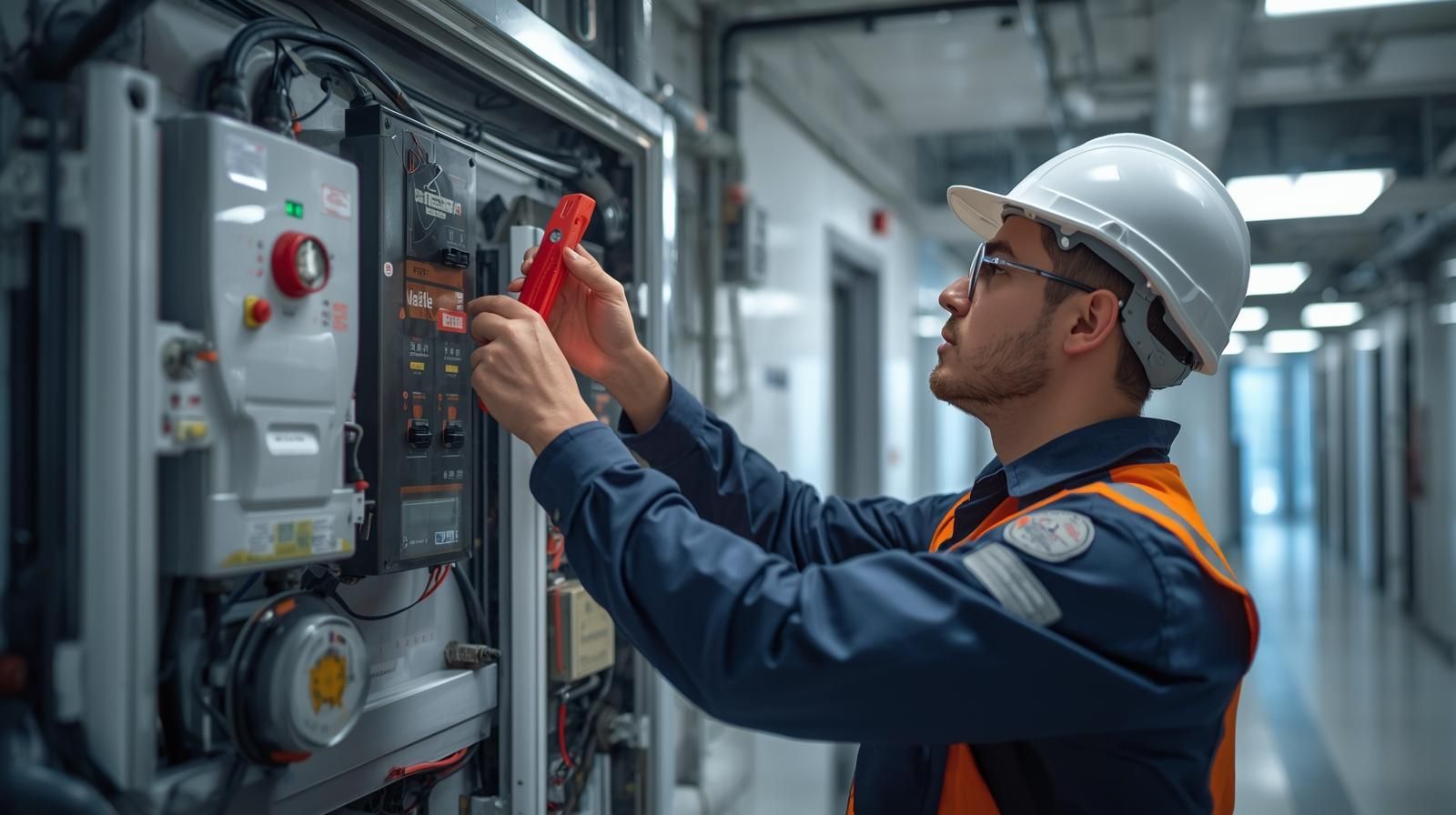 Electrician in hard hat and safety vest working on electrical panel.