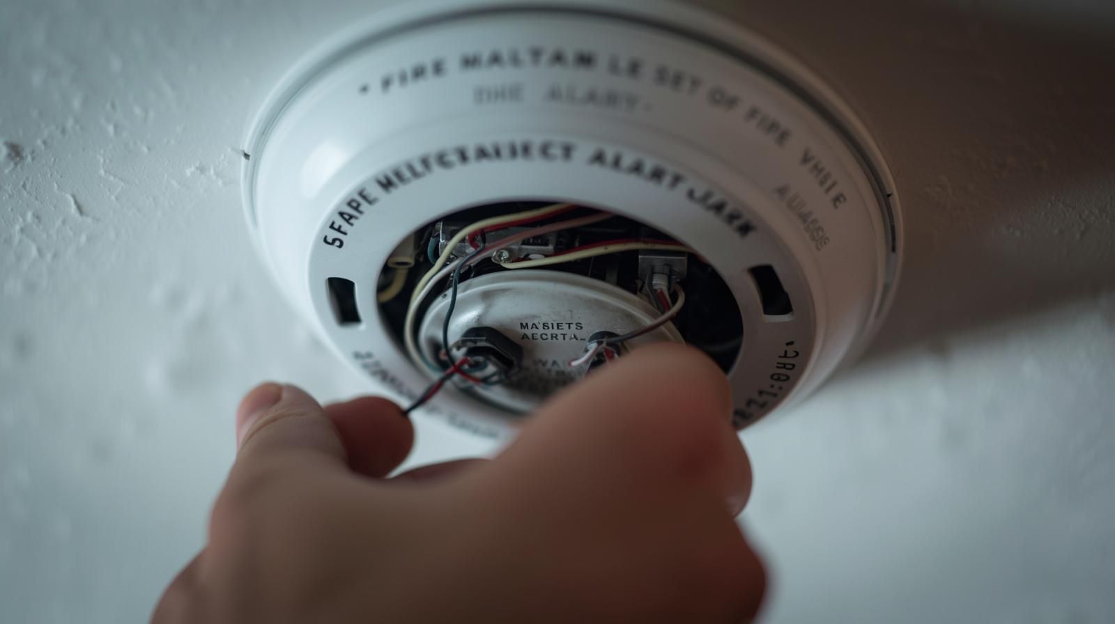 Hand disconnecting wires from a smoke detector on a white ceiling.